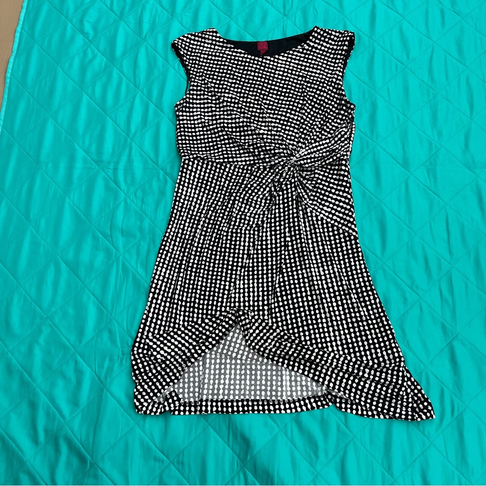 212 Collection black polka dot sleeveless a line boat neck cinch waist dress